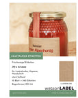 Frischesiegel Etiketten 70 x 12 mm aus Kraft Papier braun fuer Honig auf einem 500 g Glas