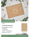Verpackung fuer Kraftpapier Etiketten 25 mm Durchmesser. Es sind 70 Etiketten auf dem Bogen