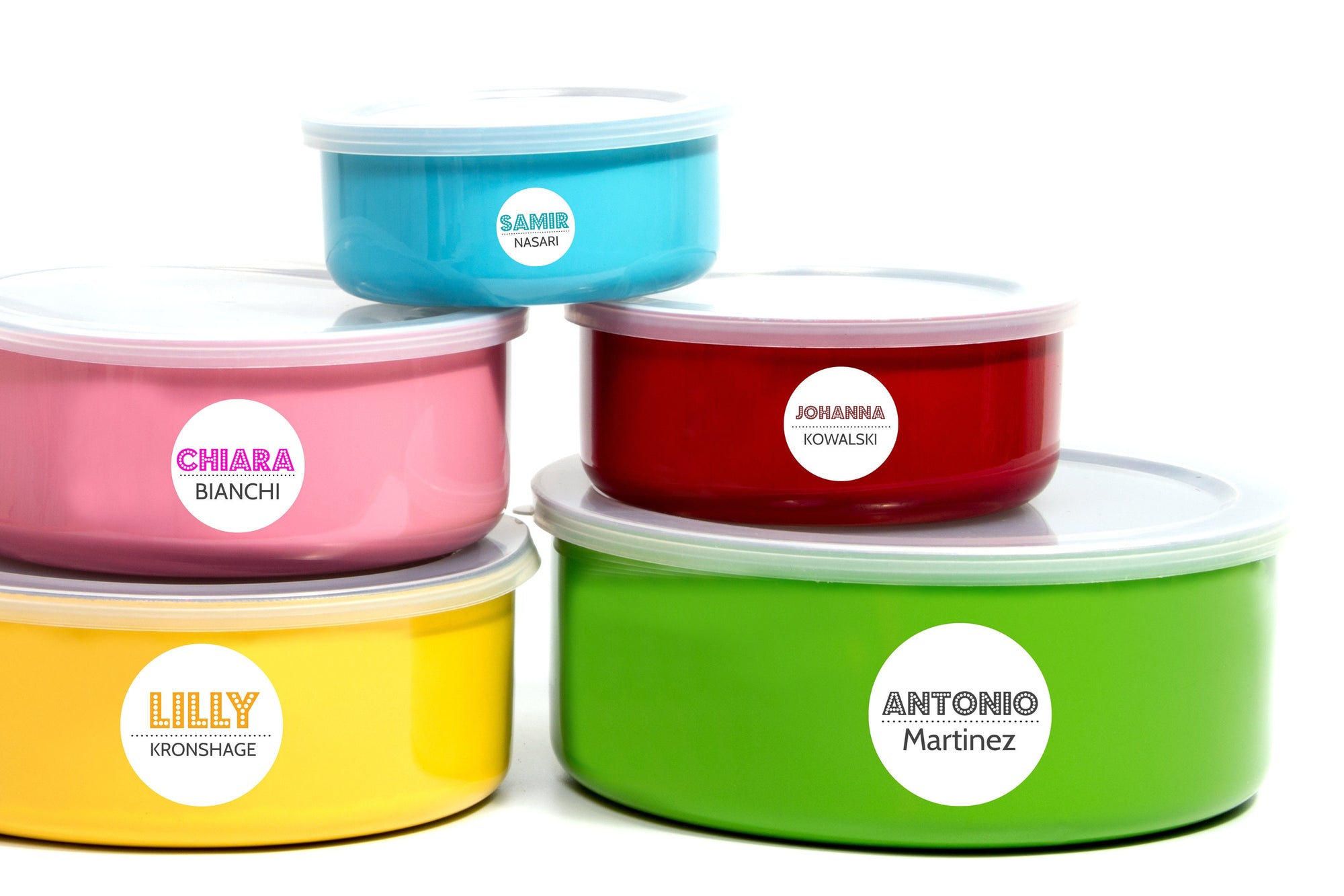 Personalisierte Namensaufkleber im Dot-Stil  in gelb,– 25 mm und 40 mm pink, weinrot, gelb, anthrazit grau und türkis - watsonlabel