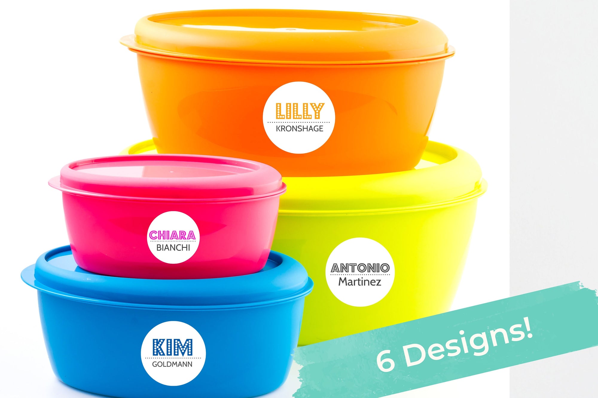 Personalisierte Namensaufkleber im Dot-Stil  in sechs Farben – 25 mm und 40 mm