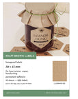 Verpackung hexagonale Kraft Etiketten braun sechseckig zum selber drucken von watsonlabel auf weißem Untergrund. Es sind 20 unbedruckte Aufkleber auf dem Blatt