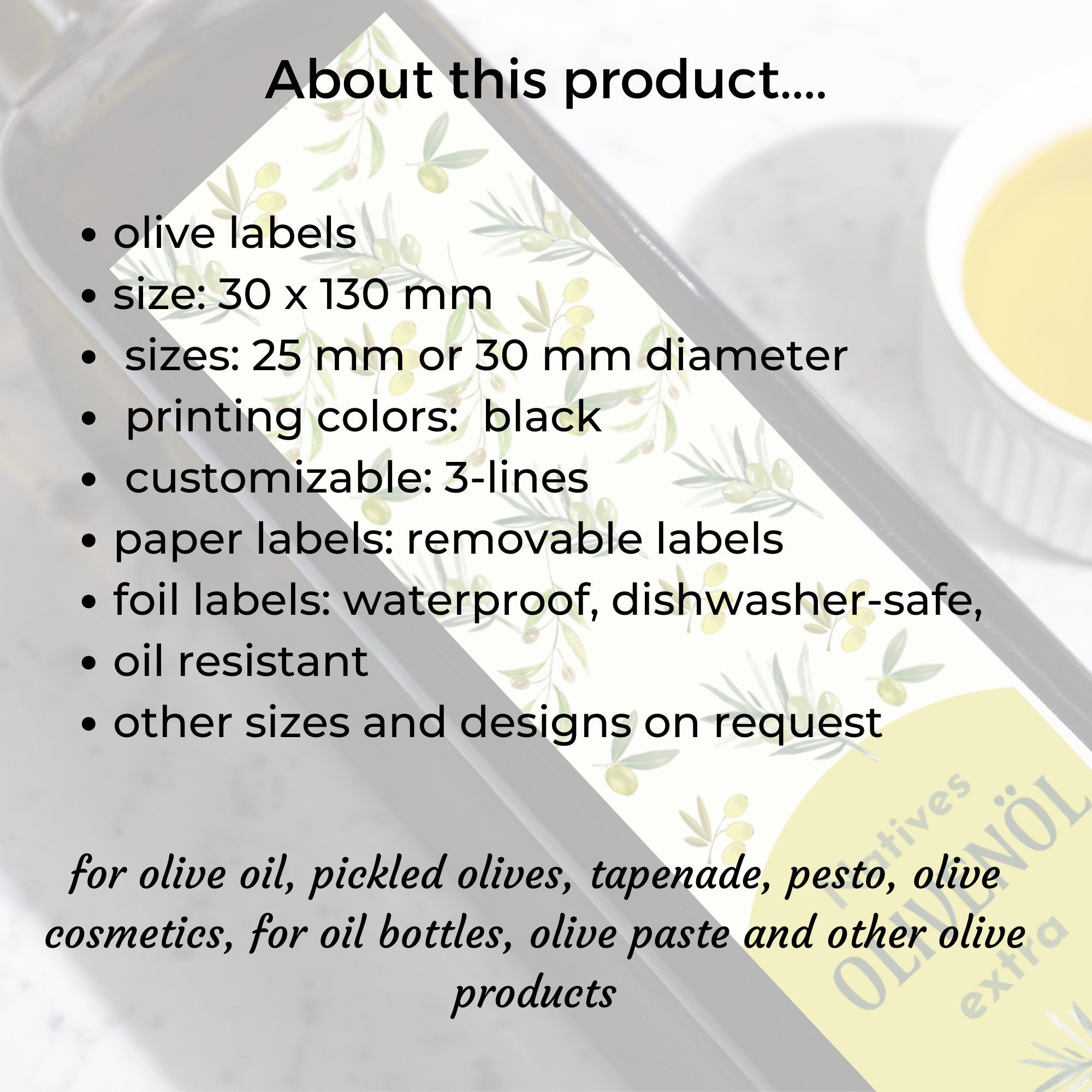 Olivenöl Etiketten für Ölflaschen, personalisiert, wasserfest, ölbeständig und wischfest