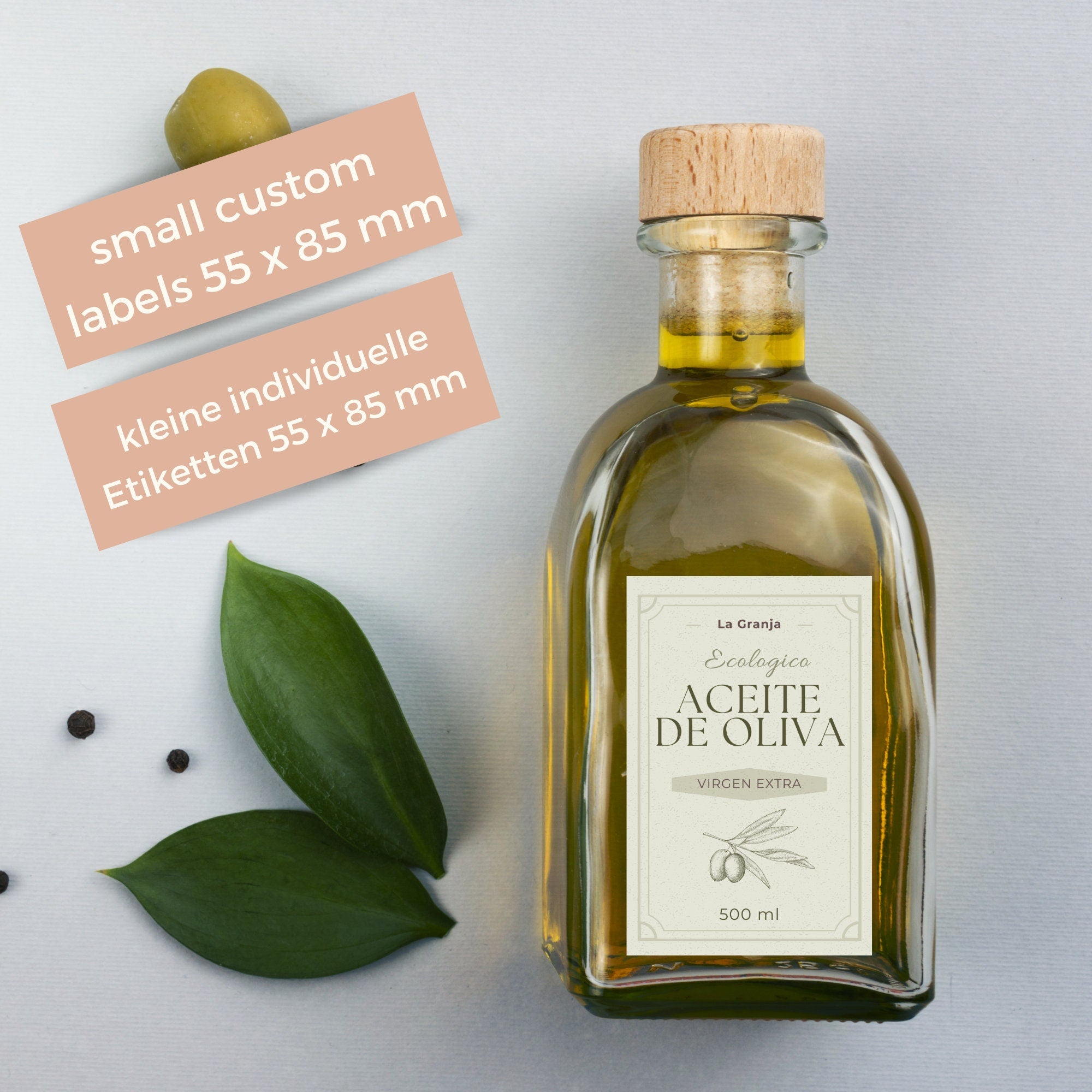 Etiketten fuer Oliven Oelflaschen, personalisierbar mit deinem Text, 55 x 85 mm