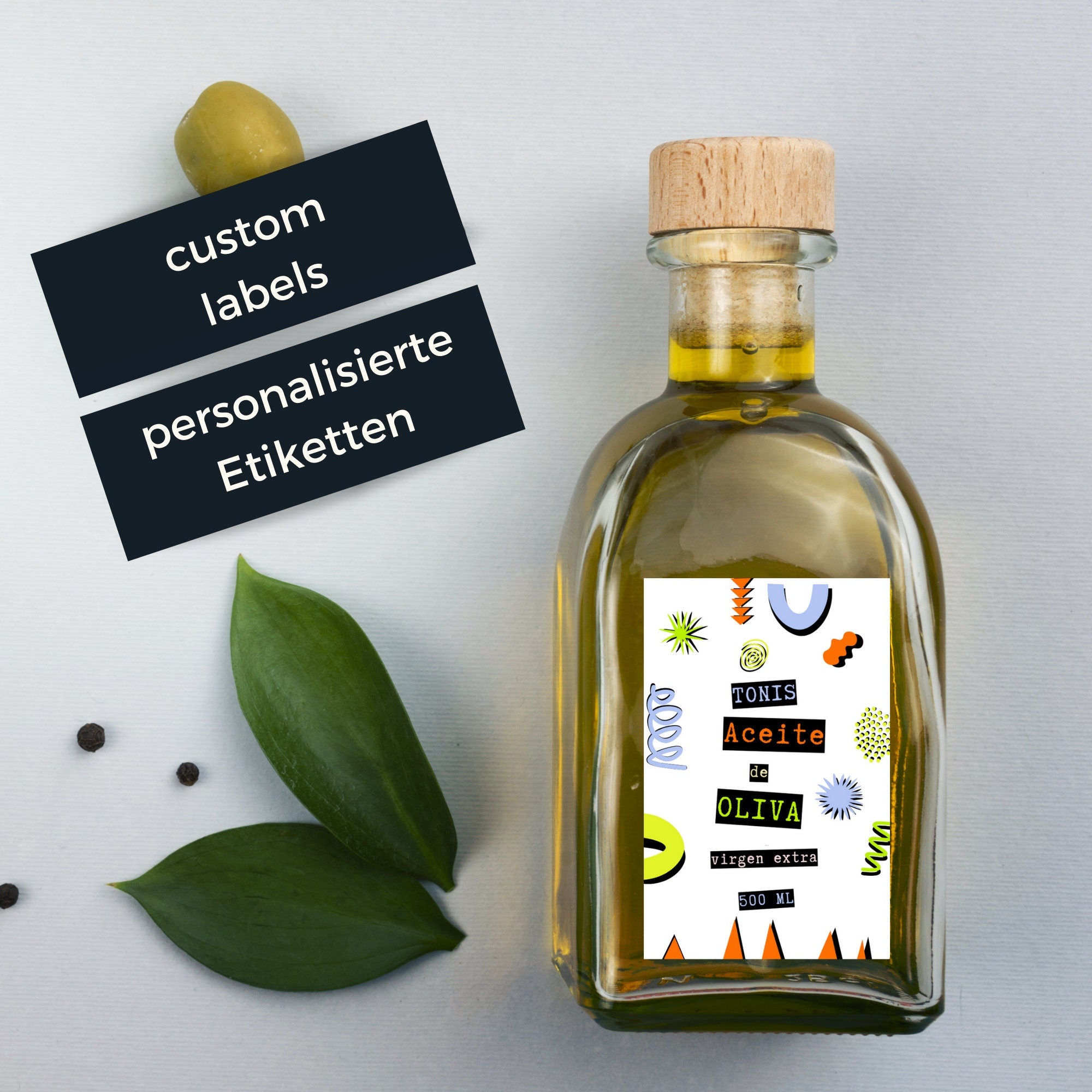 Flaschenetiketten für Essig, Oel oder Likoer im 80er Jahre Retro Vintage Style, 55 x 85 mm