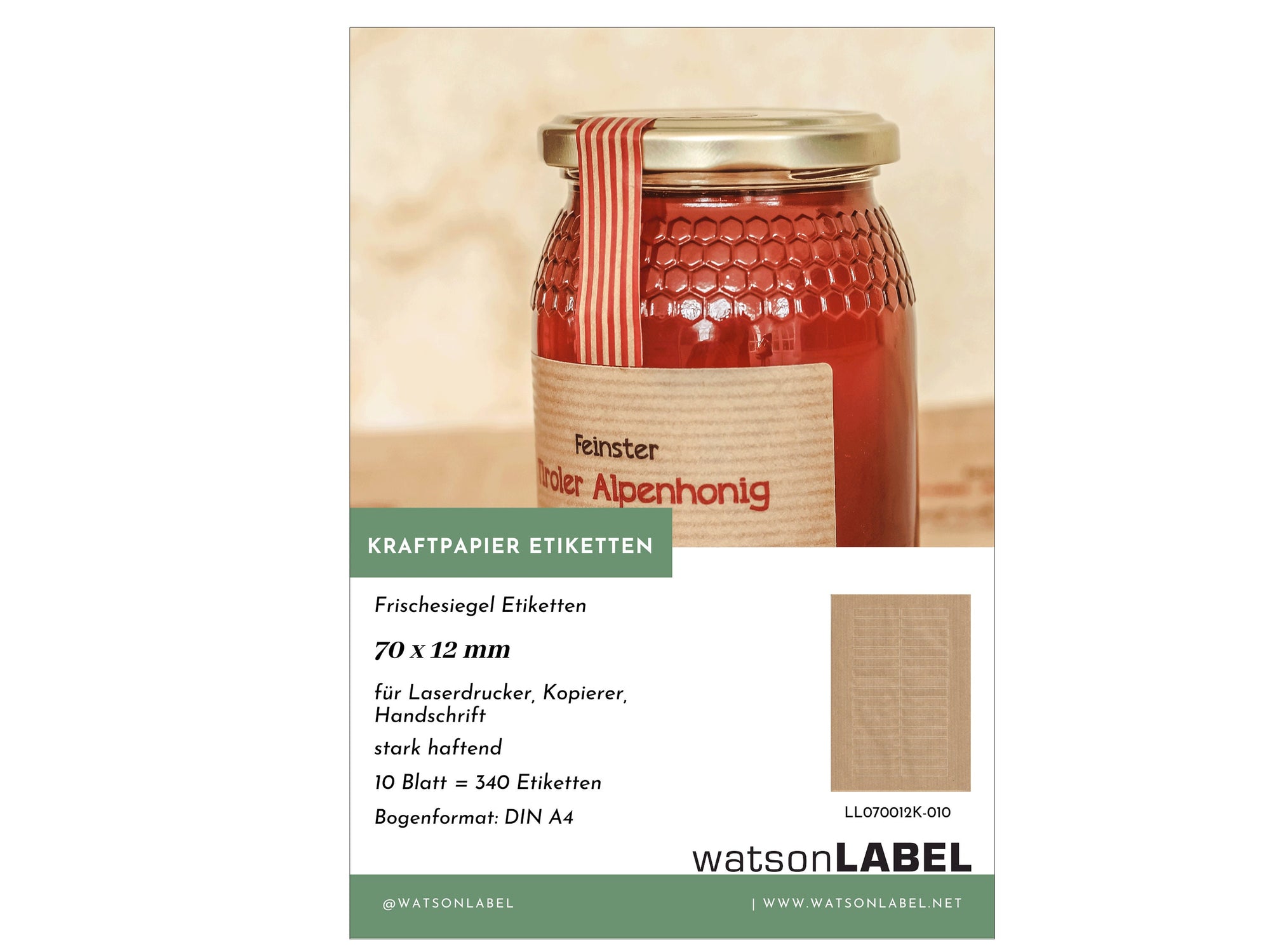 Frischesiegel Etiketten 70 x 12 mm aus Kraft Papier braun fuer Honig auf einem 500 g Glas