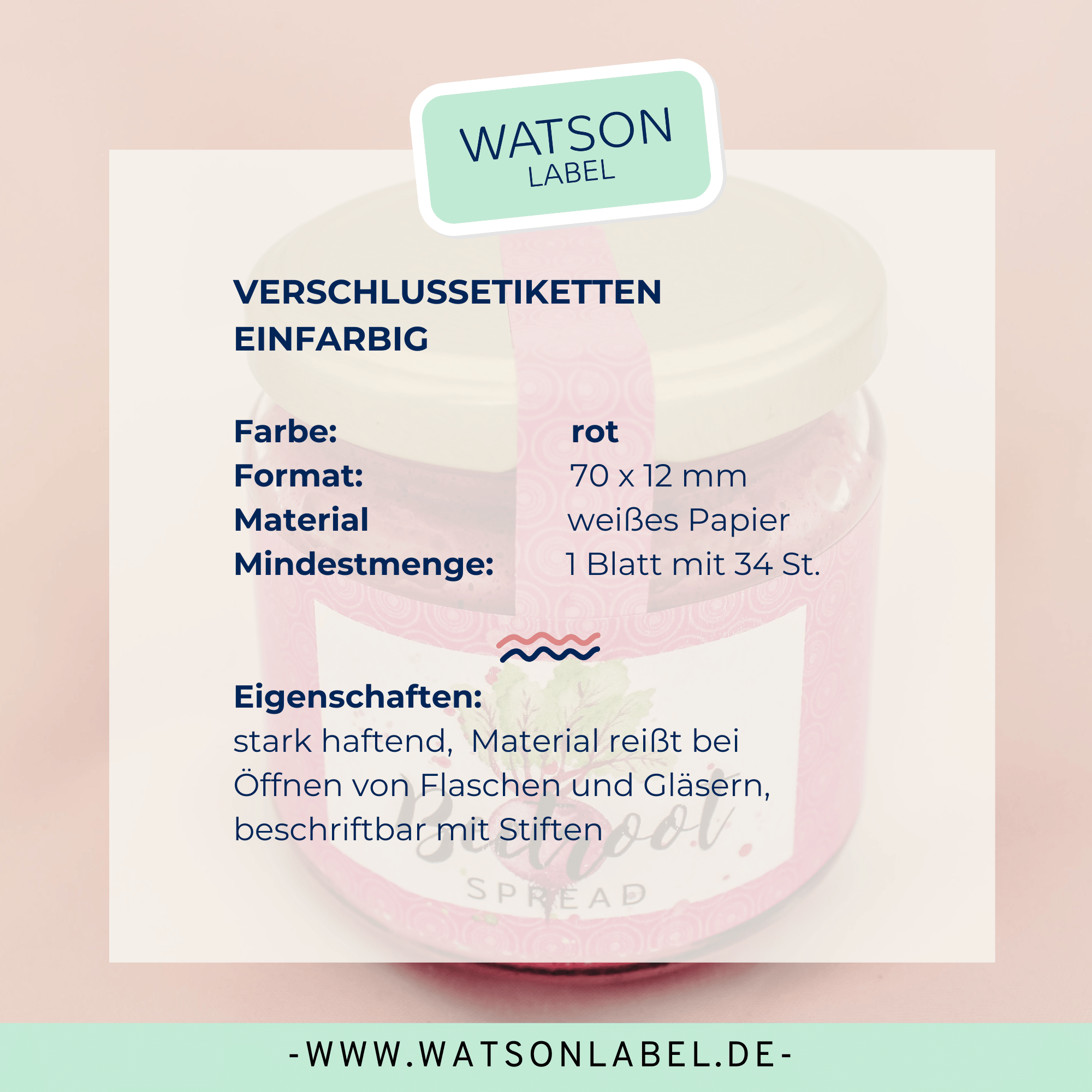 Gewaehrverschluss Etiketten fuer Verpackungen rot auf A4 Bogen 70 x 12 mm von watsonlabel ID4200 Info