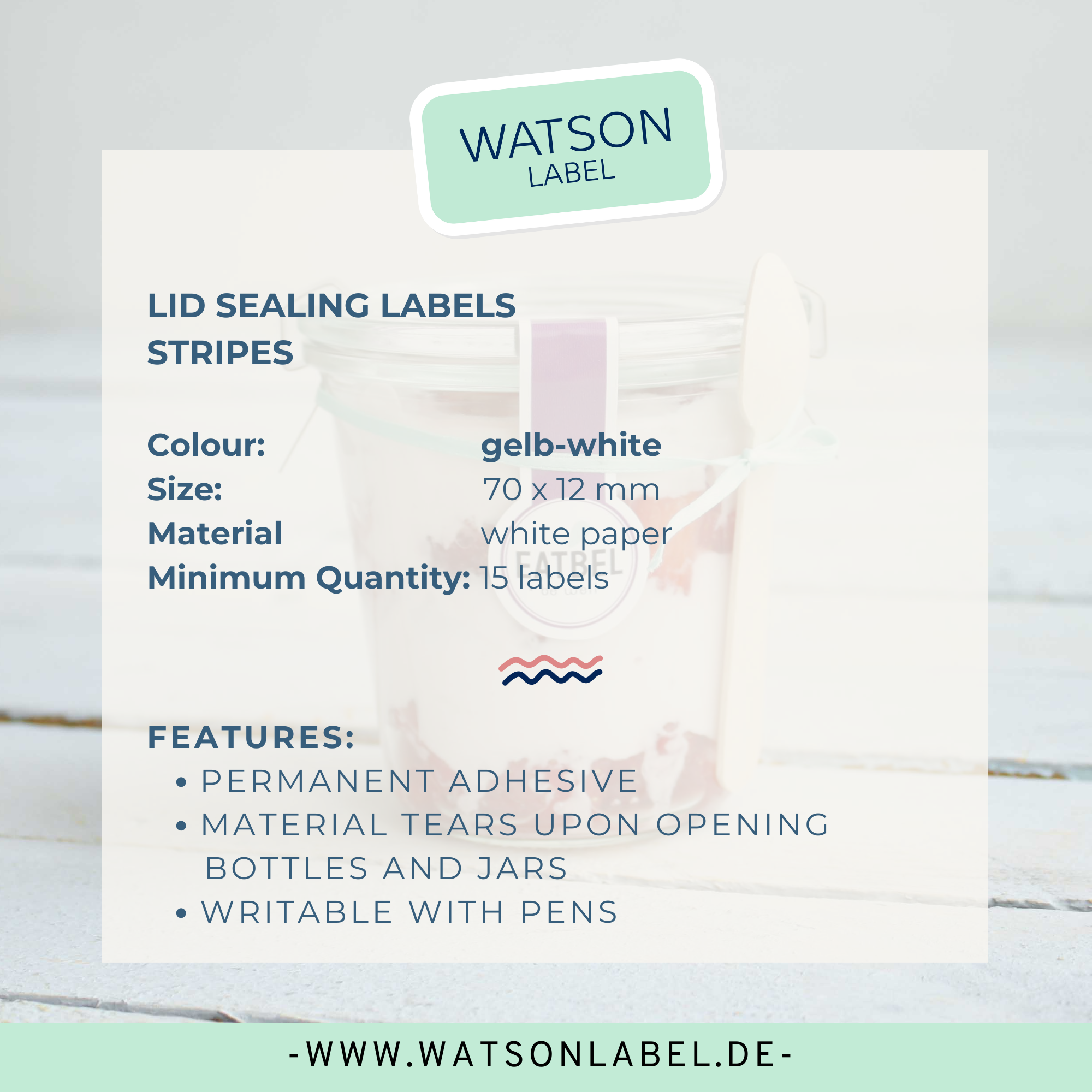 Siegel Etiketten 27 x 80 mm gestreift fuer Weck-Glaeser und Verpackungen Farbe gelb-weiss - watsonlabel Info englisch