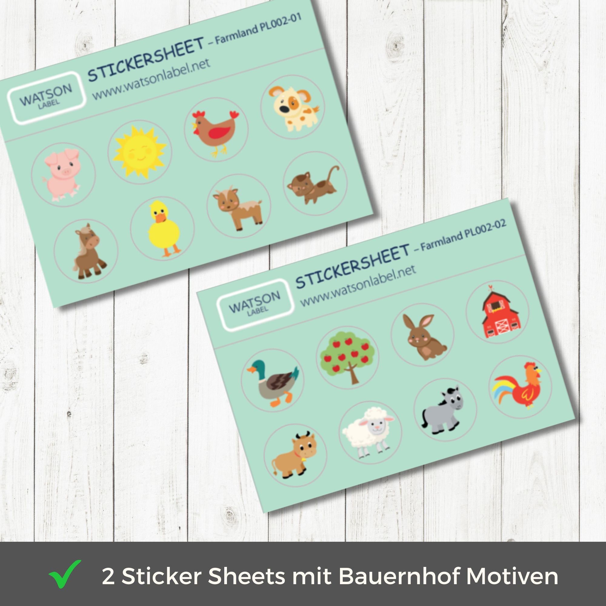 spülmaschinenfeste Symbolaufkleber mit Bauernhof Motiven: Schwein, Sonne, Huhn, Hund, Pferd, Ente, Ziege, Katze