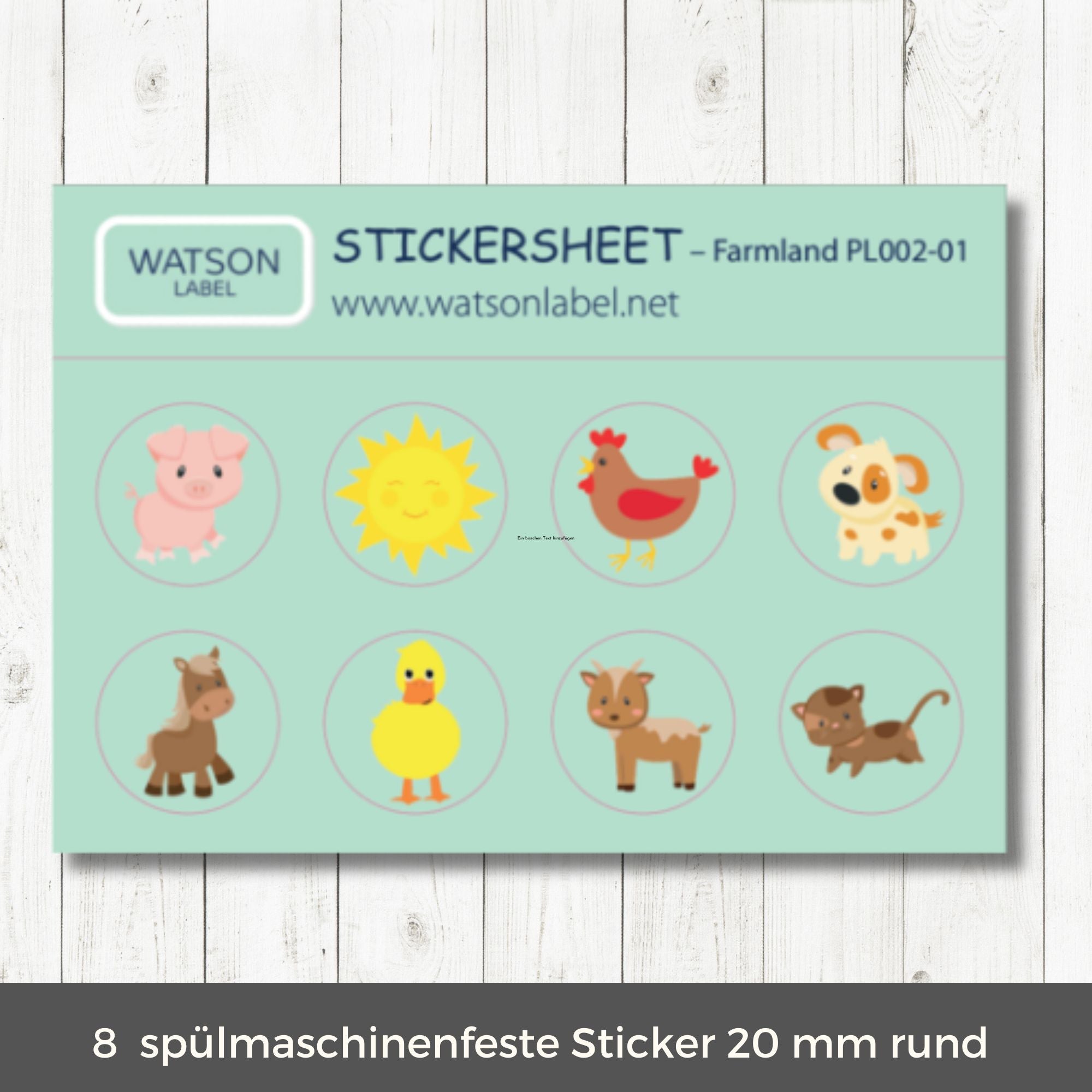 Stickersheet_mit_Bauernhof_Motiven_PL002-01_mit_Schwein-Sonne-Huhn-Hund-Pferd-Ente-Ziege_und_Katze_von_watsonlabel