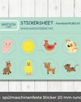 Stickersheet_mit_Bauernhof_Motiven_PL002-01_mit_Schwein-Sonne-Huhn-Hund-Pferd-Ente-Ziege_und_Katze_von_watsonlabel