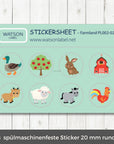 spülmaschinenfeste Symbolaufkleber mit Bauernhof Motiven: Ente, Baum, Hase, Scheune, Kuh, Schaf, Esel, Hahn