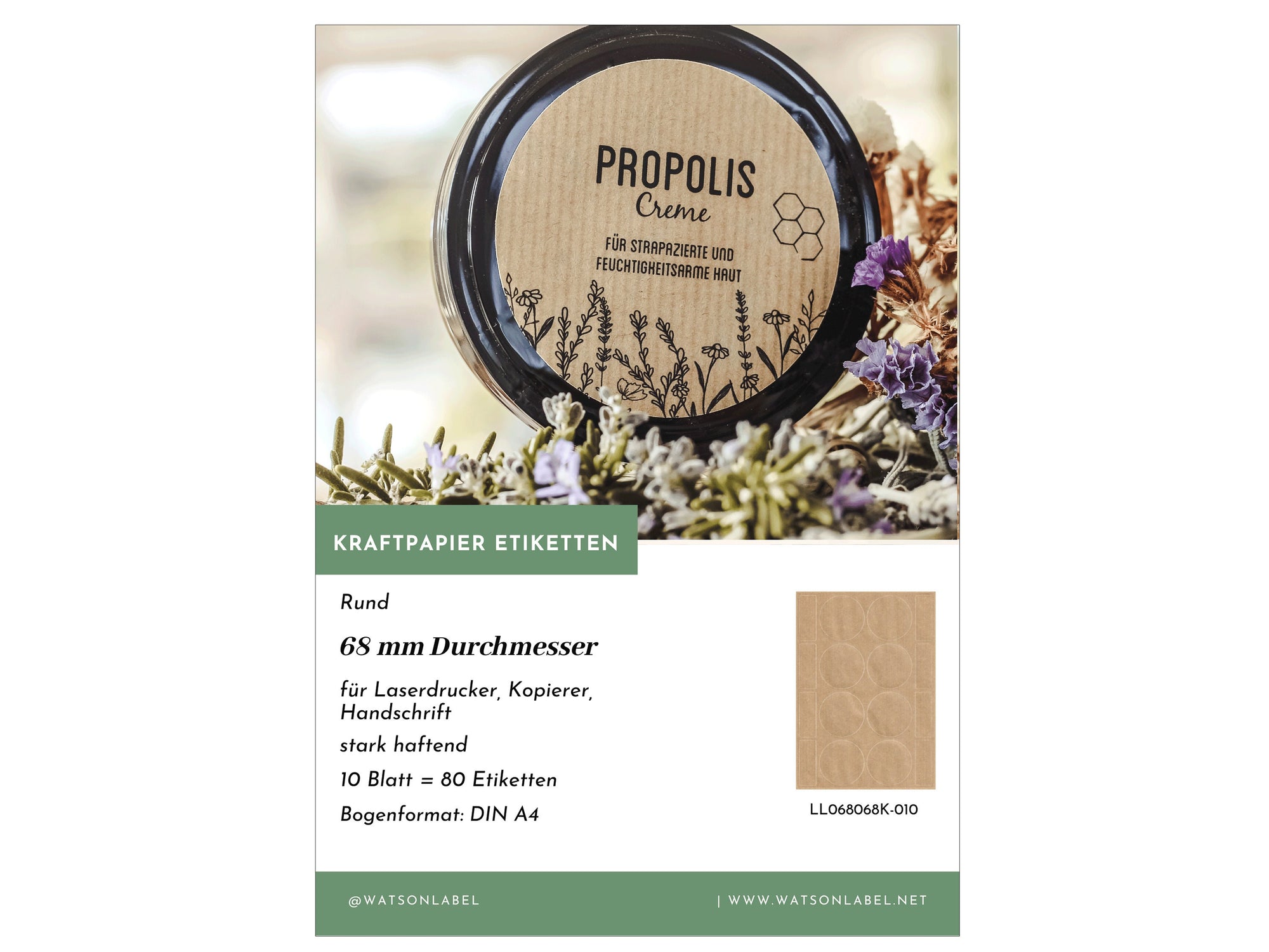 Verpackung der Kraftpapier Etiketten rund 68 mm Durchmesser mit 8 Etiketten pro Blatt