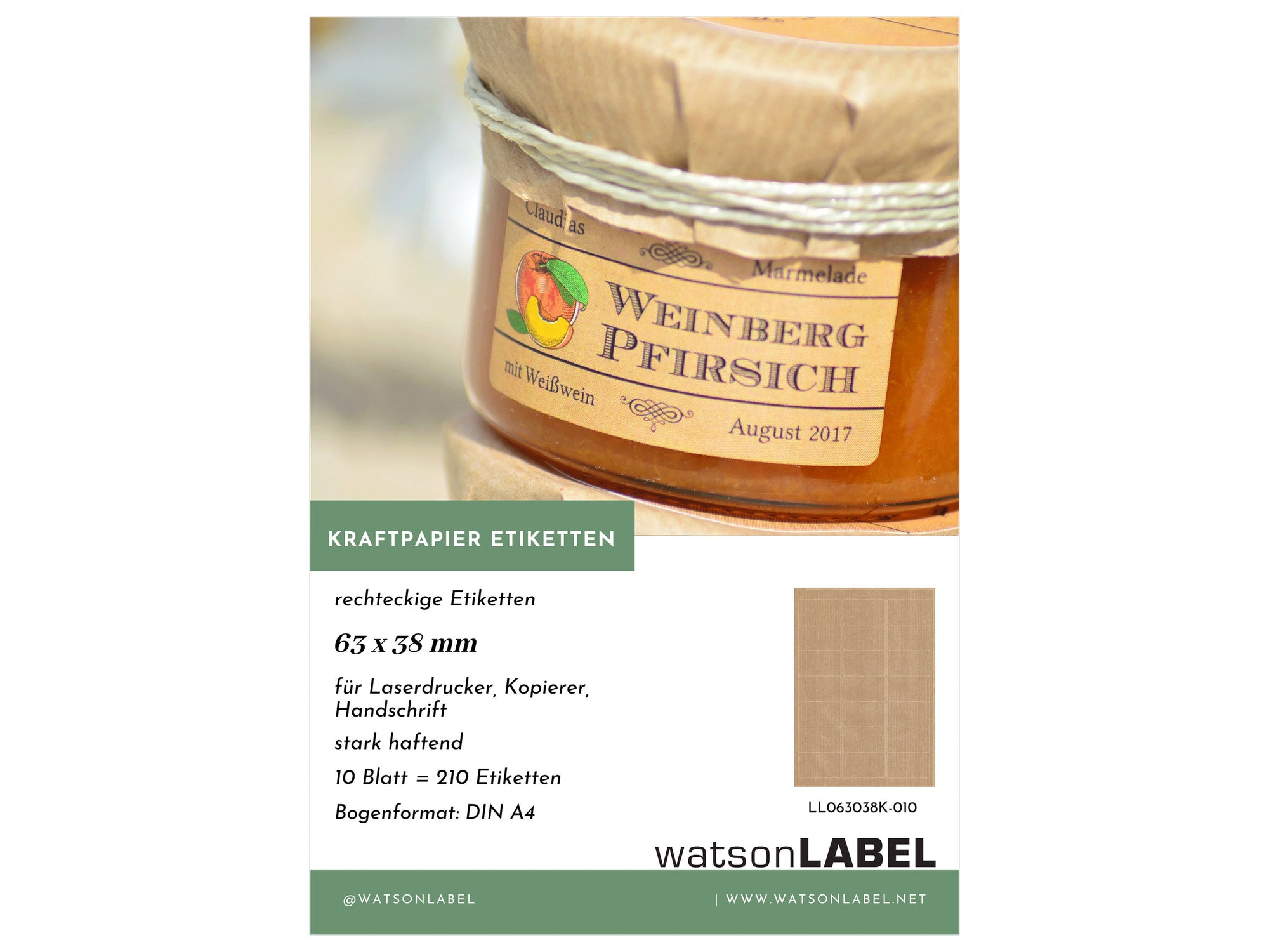 Verpackung für braune Kraftetiketten zum selber drucken und stempeln von watsonlabel mit 21 Etiketten auf A4 Blatt auf weißem Untergrund von watsonlabel