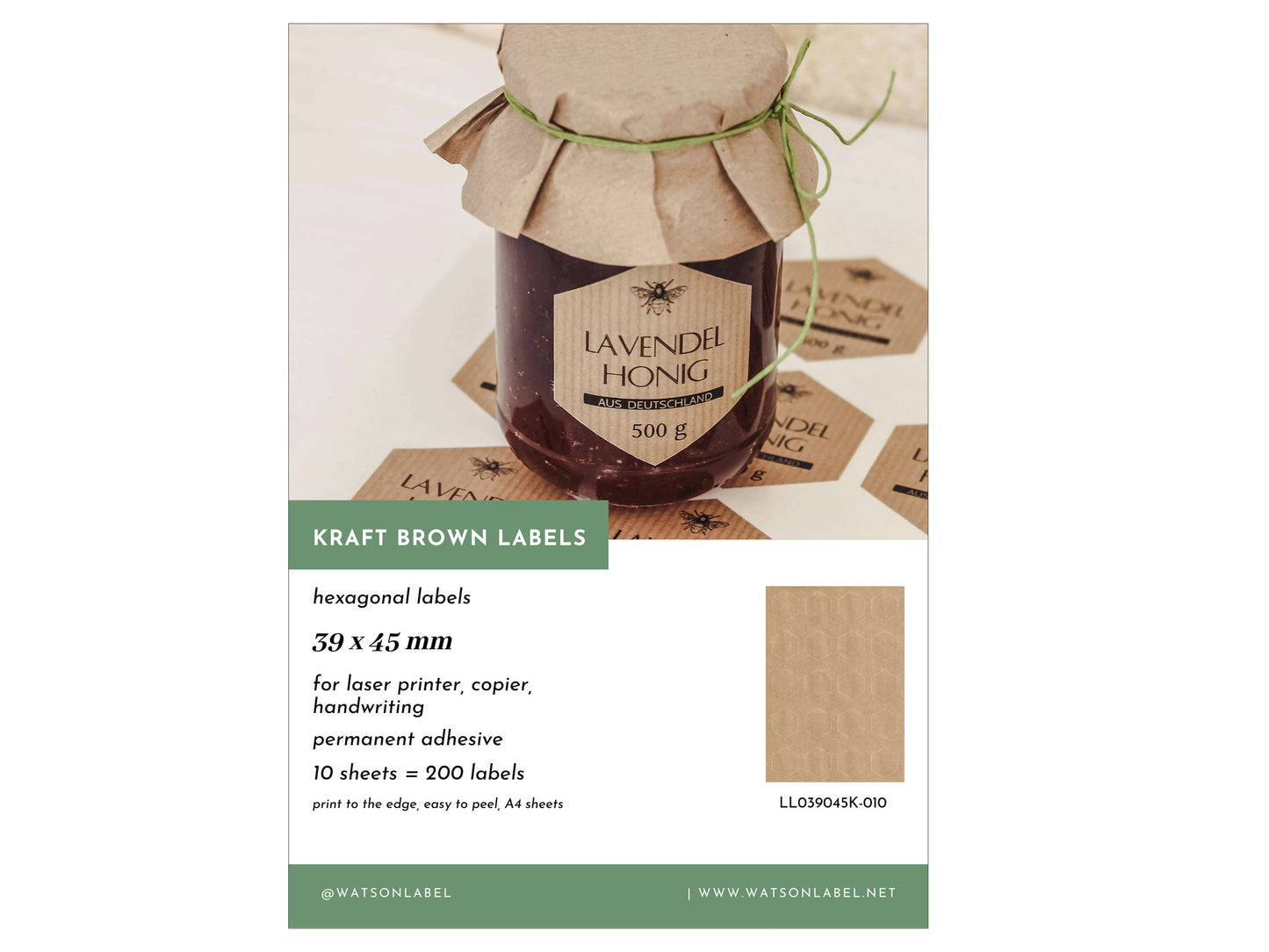 hexagonal kraft paper labels on A4 sheet. These labels size 39 x 45 mm are perfect for 500 g honey jars